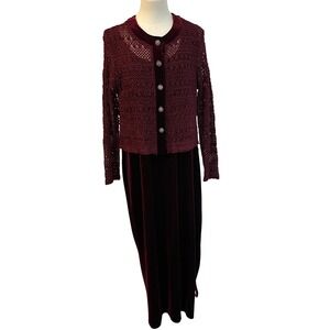 Vintage Coldwater Creek Burgundy Velvet Crochet Cardigan Dress Set Dopamine L